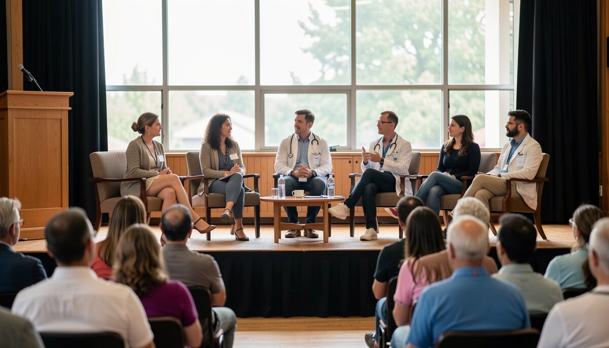 A panel discussion with educators and health professionals seated on a stage before an audience.