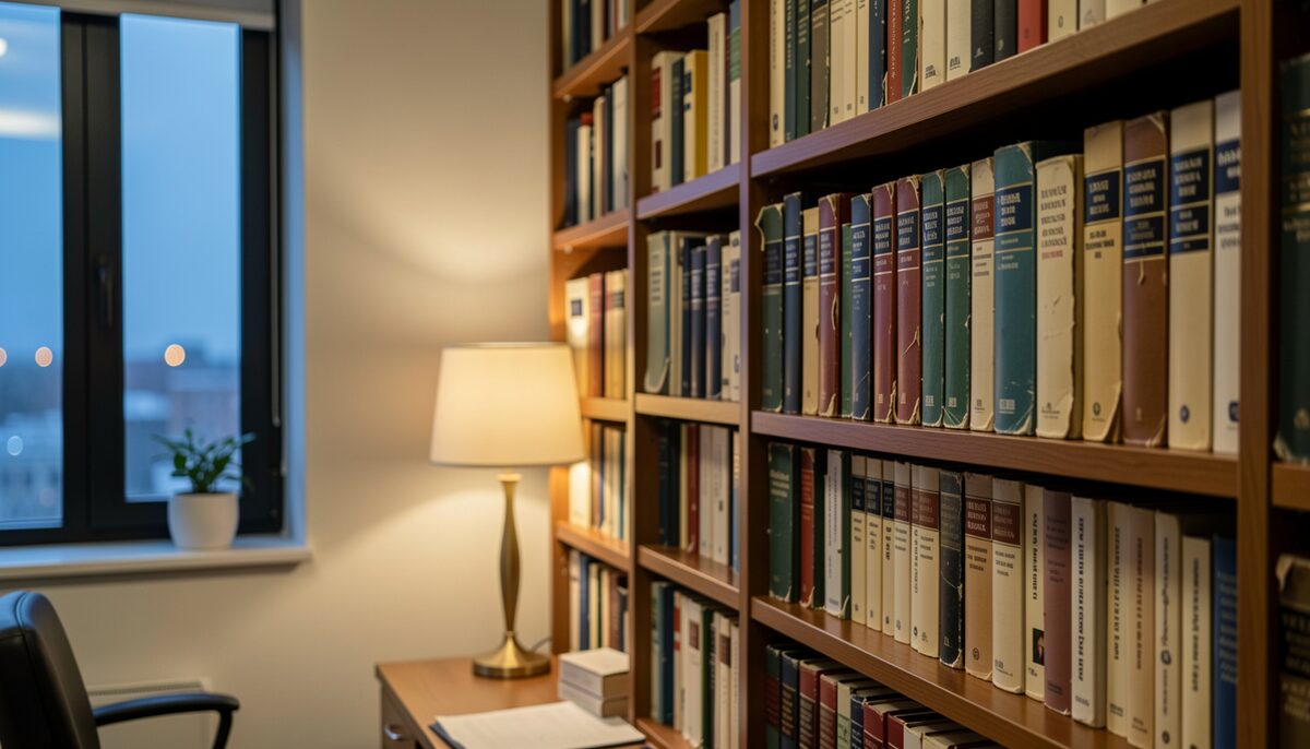A framed specialty certificate on an office wall beside a bookshelf of medical references, shallow depth of field