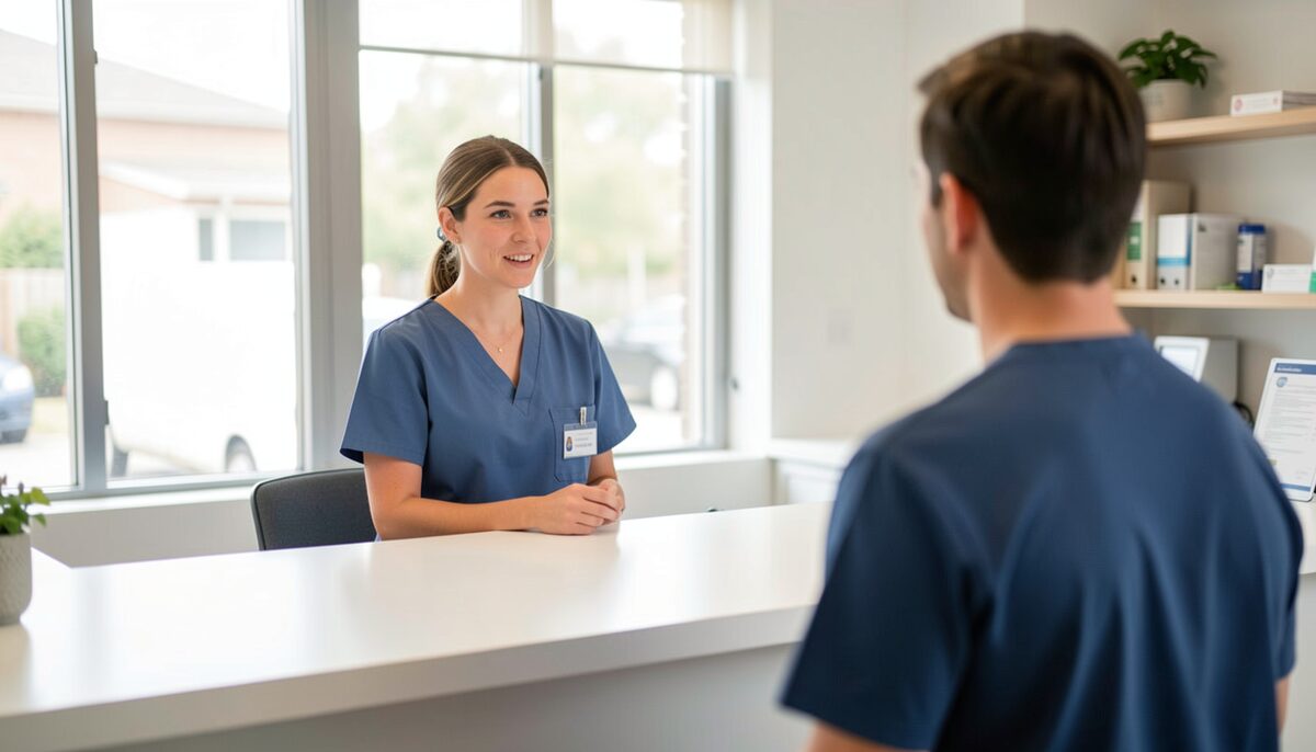 A nurse standing behind a bright clinic reception desk smiling at a visitor.