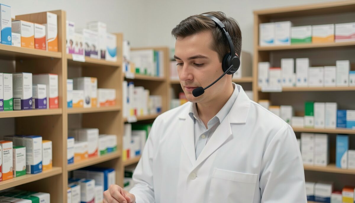 A pharmacist wearing a headset in a quiet pharmacy office.