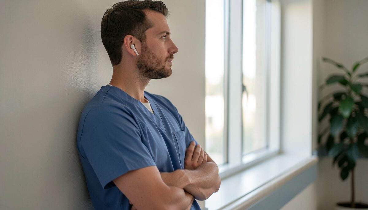 A physician in scrubs watching a medical lecture on a tablet during a break in a hospital corridor, soft daylight