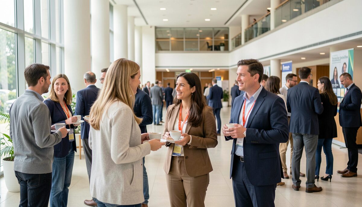Attendees networking with coffee during a break in a bright convention center foyer.