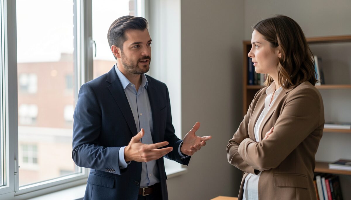 Two educators reviewing a printed program and a wall chart in a small office, papers and sticky notes on the table, natural light