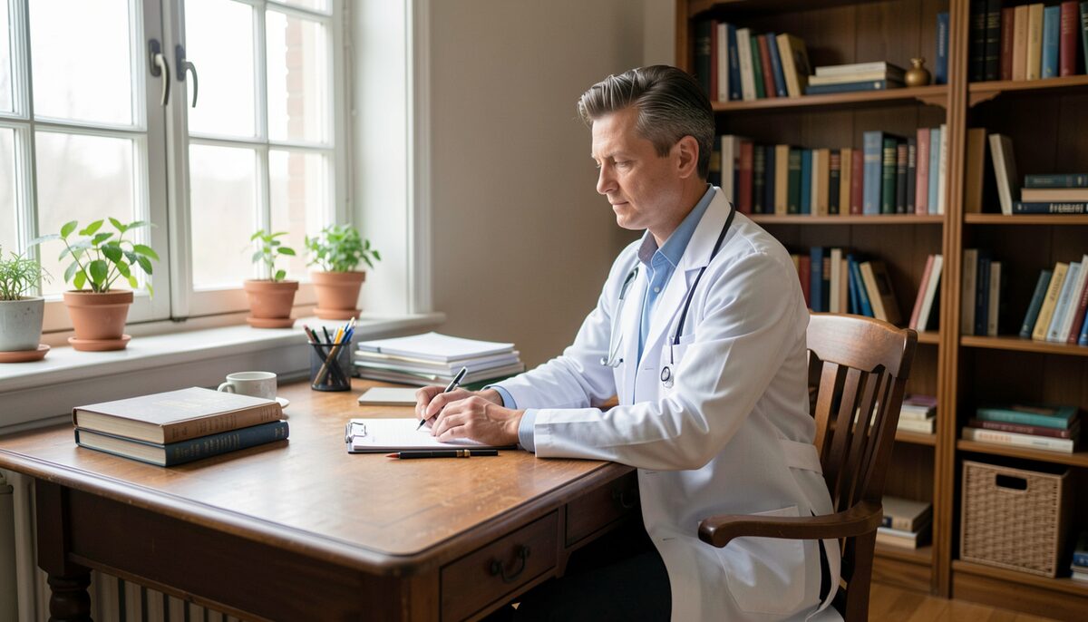 A physician sitting at a wooden desk near a window in a quiet study.